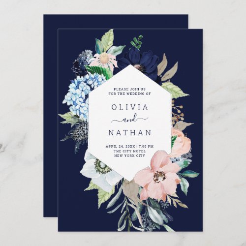 Nautical Flowers Navy Blue and Blush Pink Wedding Invitation