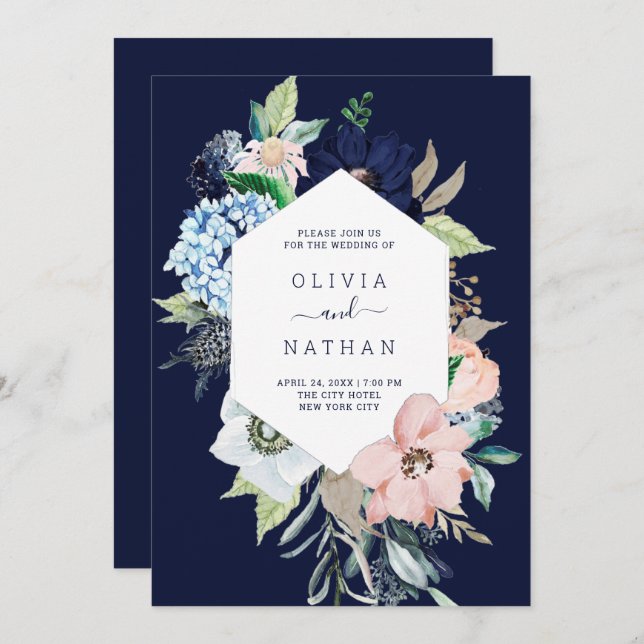 Nautical Flowers Navy Blue and Blush Pink Wedding Invitation (Front/Back)