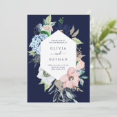 Nautical Flowers Navy Blue and Blush Pink Wedding Invitation (Standing Front)