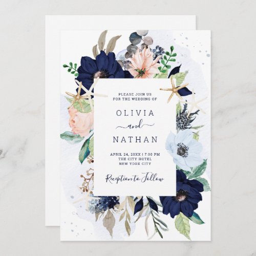 Nautical Flowers Navy Blue and Blush Pink Wedding Invitation