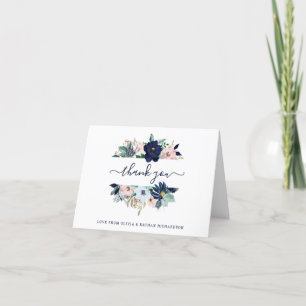 Nautical Flowers Navy Blue and Blush Pink Wedding Letterpress Thank You Card