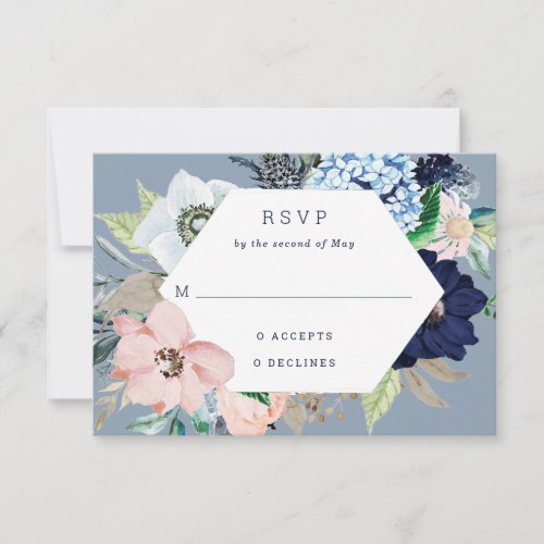 Nautical Flowers Navy Blue and Blush Pink Wedding RSVP Card