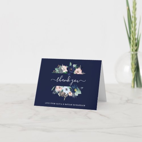 Nautical Flowers Navy Blue and Blush Pink Wedding Thank You Card