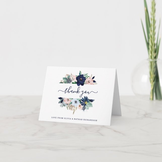 Nautical Flowers Navy Blue and Blush Pink Wedding Thank You Card (Front)
