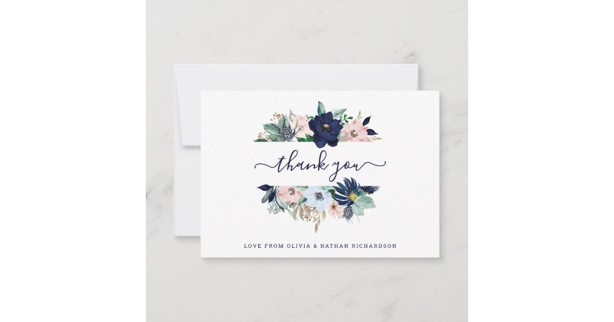Nautical Flowers Navy Blue and Blush Pink Wedding Thank You Card | Zazzle