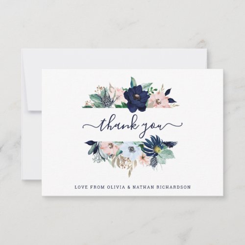 Nautical Flowers Navy Blue and Blush Pink Wedding Thank You Card