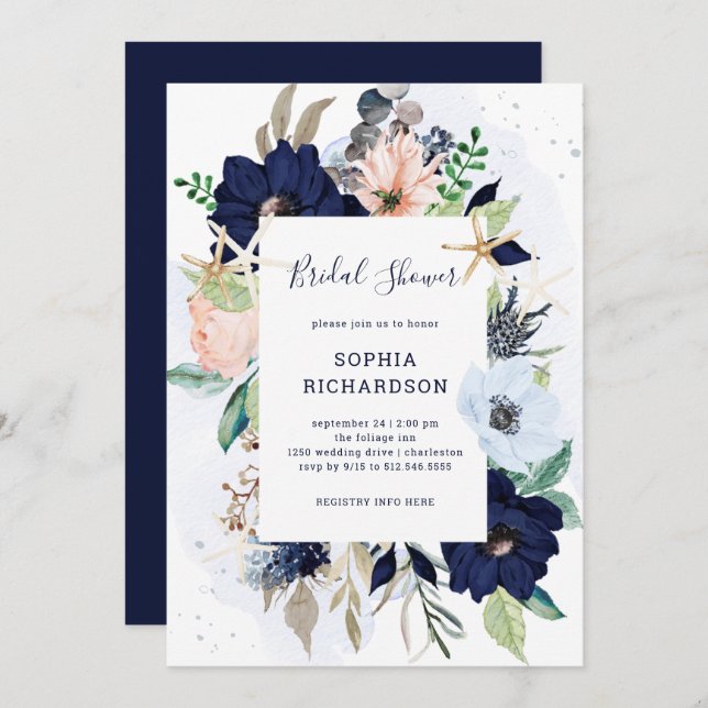 Nautical Flowers | Navy Blue Bridal Shower Invitation (Front/Back)