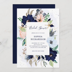 Nautical Flowers   Navy Blue Bridal Shower Invitation