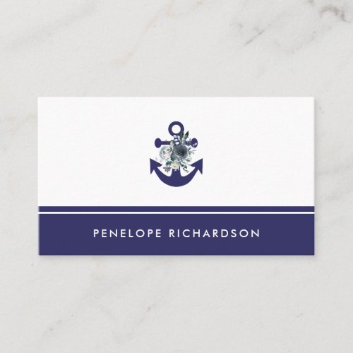 Nautical Flowers  Navy Blue Floral Anchor Business Card