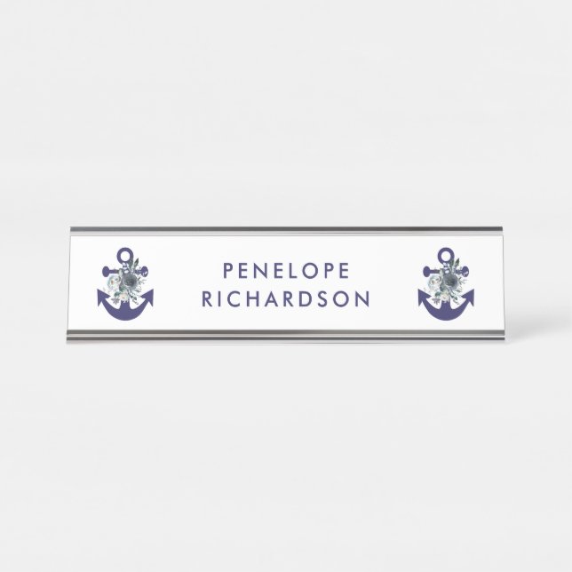 Nautical Flowers | Navy Blue Floral Anchor Desk Name Plate (Front)