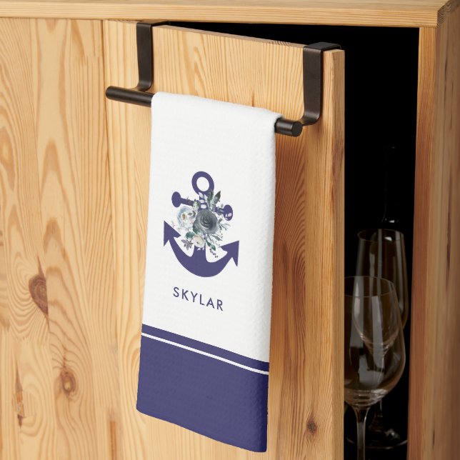 Nautical Flowers | Navy Blue Floral Anchor Kitchen Towel (Thirds Fold)