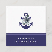 Nautical Flowers | Navy Blue Floral Anchor Square Business Card