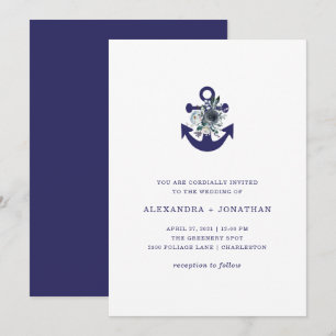 Nautical Flowers   Navy Blue Floral Anchor Wedding Invitation