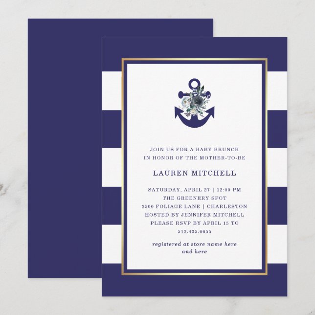 Nautical Flowers | Navy Blue Floral Baby Brunch Invitation (Front/Back)