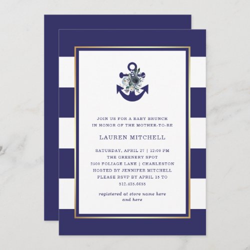 Nautical Flowers  Navy Blue Floral Baby Brunch Invitation