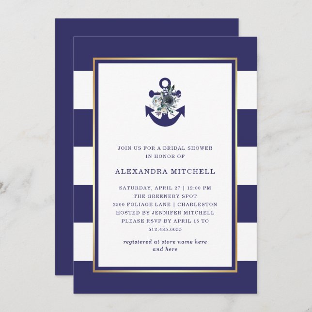 Nautical Flowers | Navy Blue Floral Bridal Shower Invitation (Front/Back)