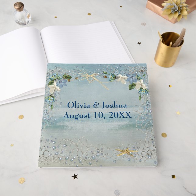 Nautical  Flowers on Net Wedding  Guest Book (Front Open)