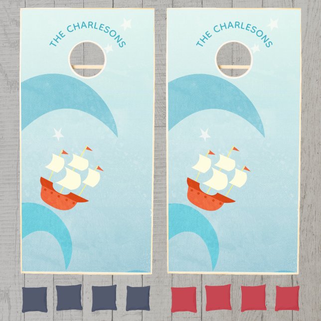 Nautical Fun Personalized Cornhole Set (Fun sailing boat nautical cornhole set)