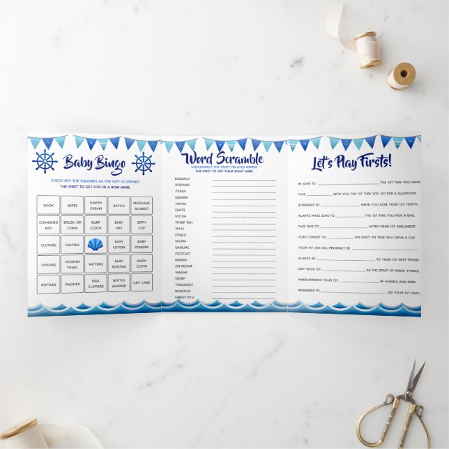 Nautical games baby boy blue 1st birthday party Tri-Fold invitation (Inside)
