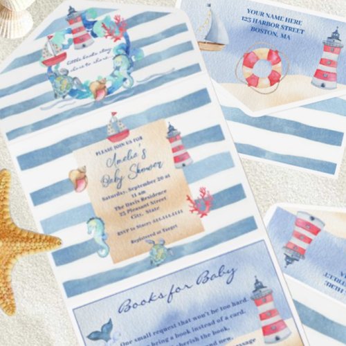 Nautical Gender Neutral Watercolor Baby Shower All In One Invitation