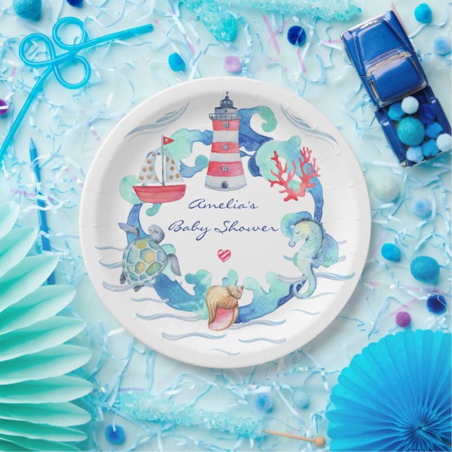 Nautical Gender Neutral Watercolor Baby Shower Paper Plates (Party)