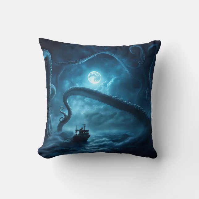 Nautical Giant Octopus and Boat Mysterious Throw Pillow (Front)