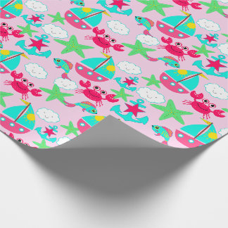 Nautical Gift Wrap Blue Pink Yellow Green Crabs
