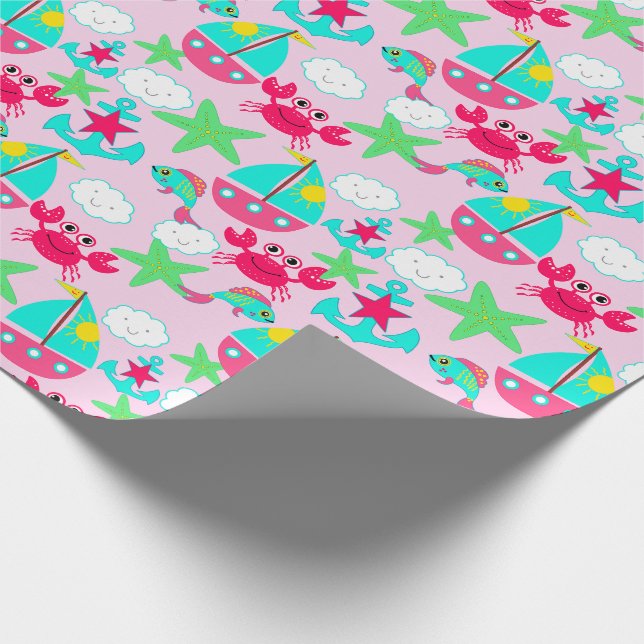 Nautical Gift Wrap Blue Pink Yellow Green Crabs (Corner)