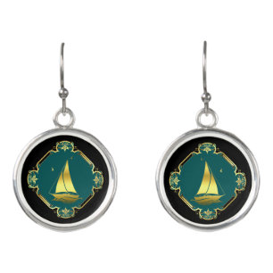 Nautical gilded sailboat black/gold/aqua earrings