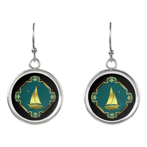 Nautical gilded sailboat blackgoldaqua earrings