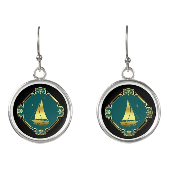 Nautical gilded sailboat black/gold/aqua earrings (Front)