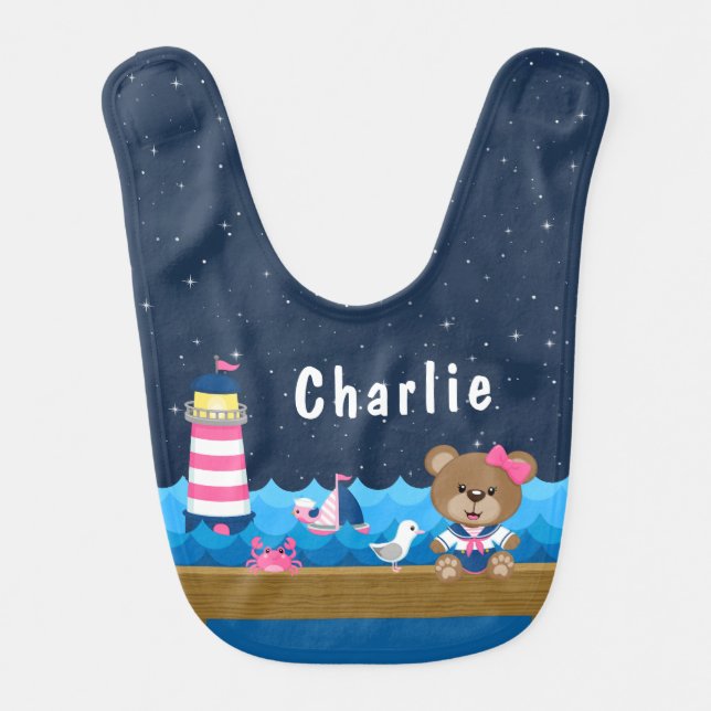 Nautical Girl Bear Pink and Navy Baby Bib (Front)