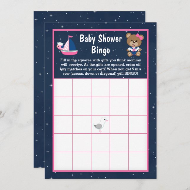 Nautical Girl Bear Pink and Navy Baby Bingo Invitation (Front/Back)
