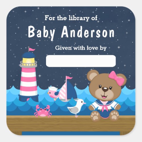 Nautical Girl Bear Pink and Navy Baby Bookplate