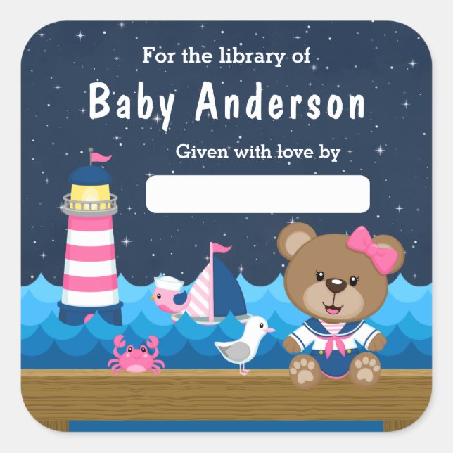 Nautical Girl Bear Pink and Navy Baby Bookplate (Front)