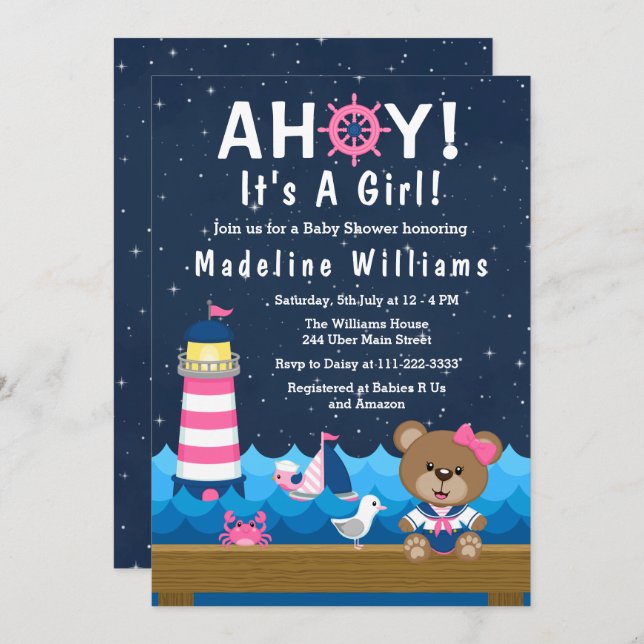 Nautical Girl Bear Pink and Navy Baby Shower Invitation (Front/Back)