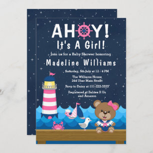 Nautical Girl Bear Pink and Navy Baby Shower Invitation