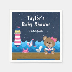 Nautical Girl Bear Pink and Navy Baby Shower Napkins