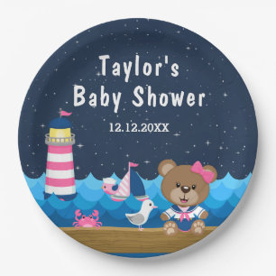 Nautical Girl Bear Pink and Navy Baby Shower Paper Plates