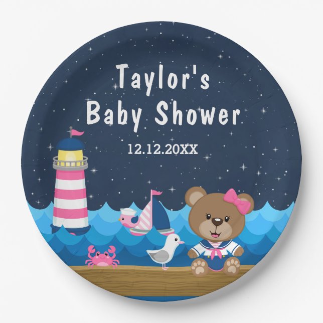 Nautical Girl Bear Pink and Navy Baby Shower Paper Plates (Front)