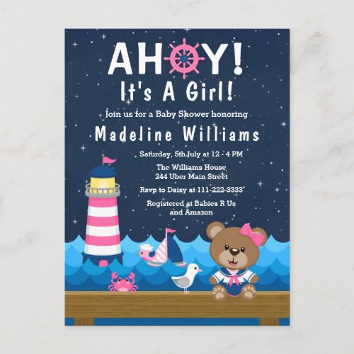Nautical Girl Bear Pink and Navy Baby Shower Postcard