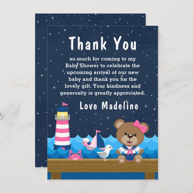 Nautical Girl Bear Pink and Navy Baby Shower Thank You Card (Front/Back)