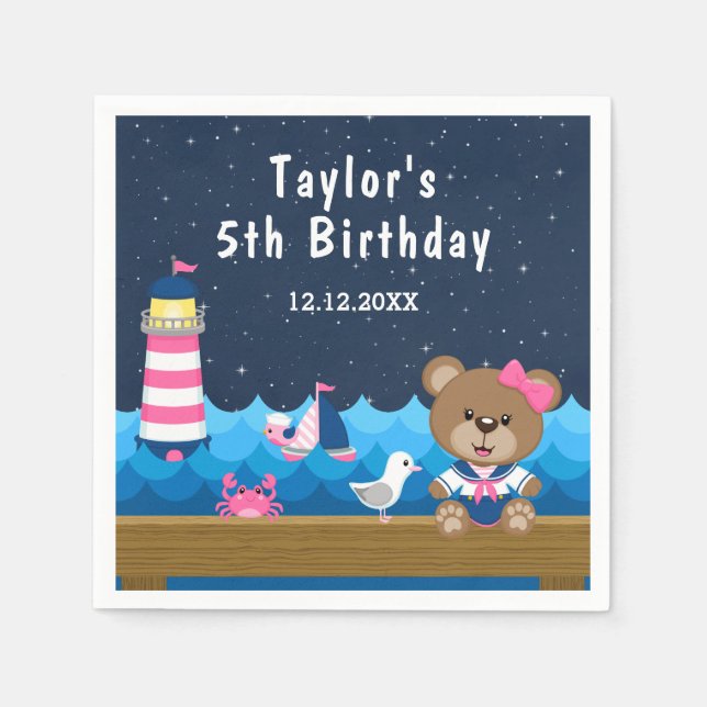 Nautical Girl Bear Pink and Navy Birthday Party Napkins (Front)