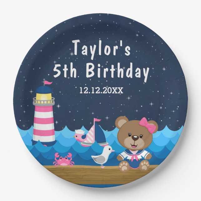 Nautical Girl Bear Pink and Navy Birthday Party Paper Plates (Front)