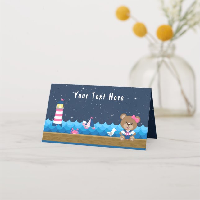 Nautical Girl Bear Pink and Navy Birthday Party Place Card (Front)