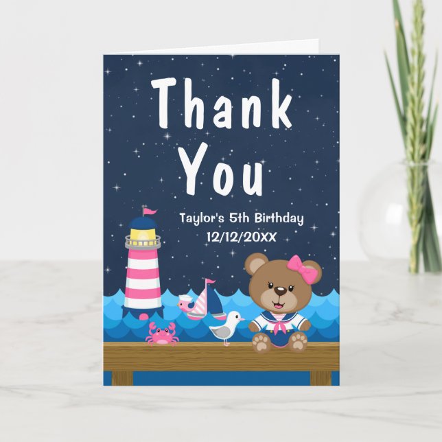 Nautical Girl Bear Pink and Navy Birthday Party Thank You Card (Front)