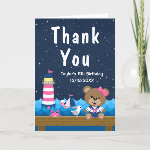 Nautical Girl Bear Pink and Navy Birthday Party Thank You Card