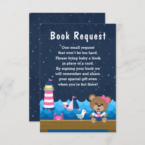 Nautical Girl Bear Pink and Navy Book Request Enclosure Card