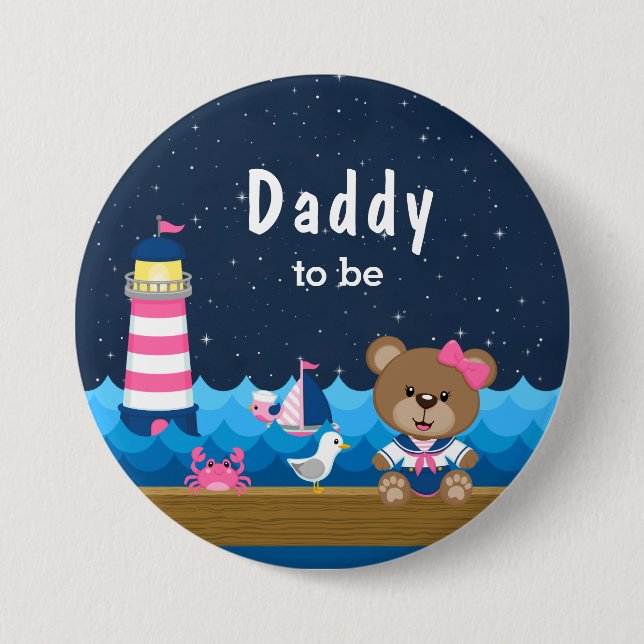 Nautical Girl Bear Pink and Navy Daddy To Be Button (Front)