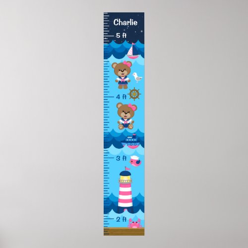 Nautical Girl Bear Pink and Navy Growth Chart